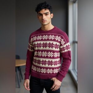 Vintage 80s Men’s  Fair Isle Wool Hand Knit Sweater XL